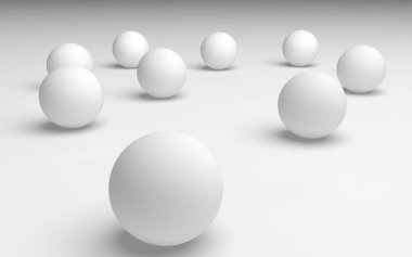 Beyaz soyut arka plan. Beyaz toplar beyaz arka planda izole edilmiş. 3B illüstrasyon