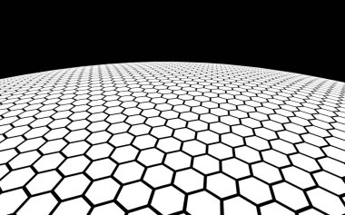 Koyu arka plandaki beyaz petek. Çokgen in perspektif görünümü petek gibi görünüyor. Top, gezegen, ağ, petekler, hücrelerle kaplı. 3d illüstrasyon