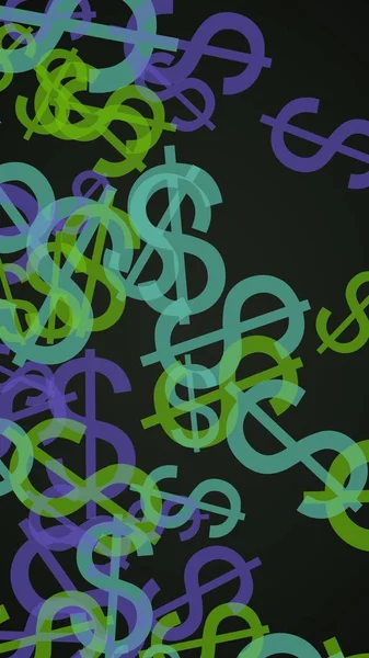 Signos de dólar translúcidos multicolores sobre fondo oscuro. Tonos verdes. Ilustración 3D —  Fotos de Stock