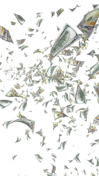 Billetes de dólares voladores aislados sobre fondo blanco. El dinero vuela en el aire. 100 billetes de Estados Unidos nueva muestra. Ilustración 3D —  Fotos de Stock
