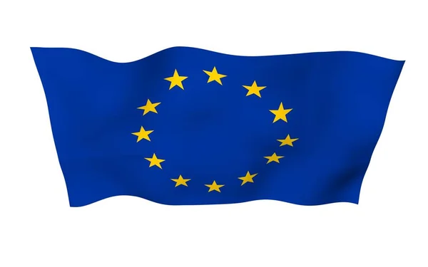 轻轻飘扬的欧盟旗帜被白色背景隔离，3D渲染。欧洲的象征。3D插图 — 图库照片