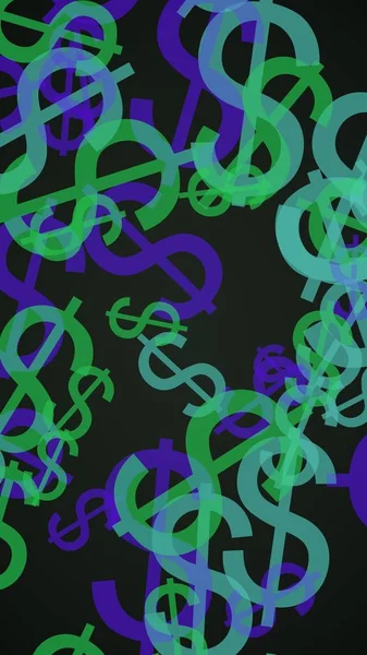 Sinais multicoloridos de dólares translúcidos no fundo escuro. Tons verdes. Ilustração 3D — Fotografia de Stock