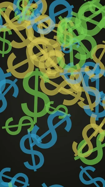 Signos de dólar translúcidos multicolores sobre fondo oscuro. Tonos verdes. Ilustración 3D — Foto de Stock