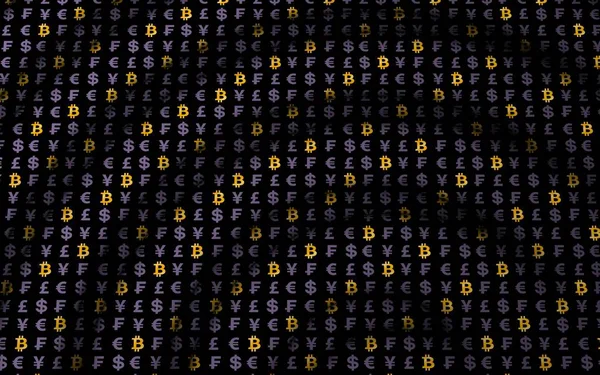 Bitcoin en valuta op een donkere achtergrond. Digitale crypto valuta symbool. Wave-effect, wisselkoersschommelingen. Bedrijfsconcept. 3D illustratie — Stockfoto