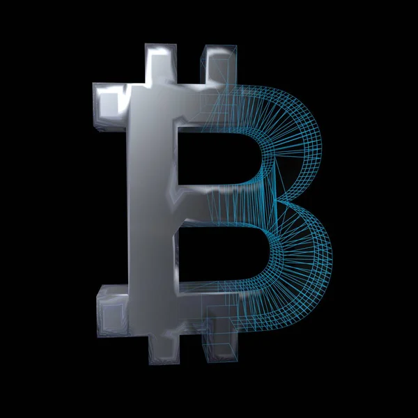 Znak Bitcoin, platyna lub srebro zamienia się w niebieską siatkę na czarnym tle. ilustracja 3D — Zdjęcie stockowe