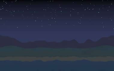 Yıldızlı aysız gökyüzü. Sahilde dalgalarla okyanus kıyısı. Dalgalar ile Ada plaj cenneti. Tatil, yaz, rahatlama. Deniz manzarası, deniz kıyısı. Minimalist manzara, ilkellik. 3d illüstrasyon