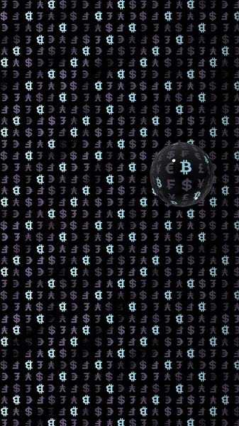 Bitcoin et la monnaie sur un fond sombre. Crypto numérique symbole. Bulle monétaire, effet de vague, fluctuations du marché. Concept d'entreprise. Illustration 3D — Photo