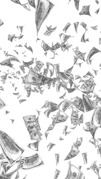 Notas de dólares voadores isoladas no fundo branco. O dinheiro está a voar no ar. 100 notas dos EUA nova amostra. Estilo preto e branco. Ilustração 3D — Fotografia de Stock