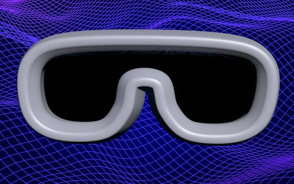 Ilustração de máscara de realidade virtual em fundo de grade azul abstrato. Conceito de tecnologia óculos VR. Ilustração 3D — Fotografia de Stock