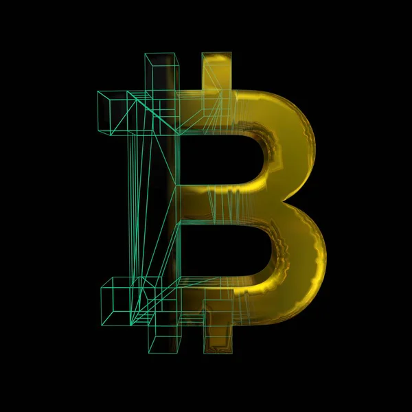 Bitcoin-signering, det grønne rutenettet blir til gull på svart bakgrunn. 3D-illustrasjon – stockfoto