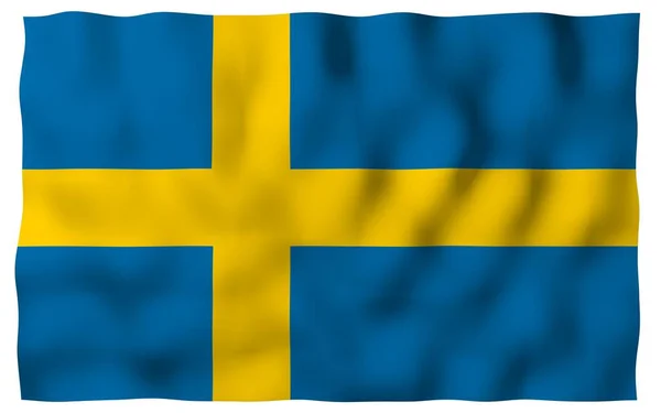 The flag of Sweden. Official state symbol of the Kingdom of Sweden. A blue field with a yellow Scandinavian cross that extends to the edges of the flag. 3d illustration — Stock Photo, Image