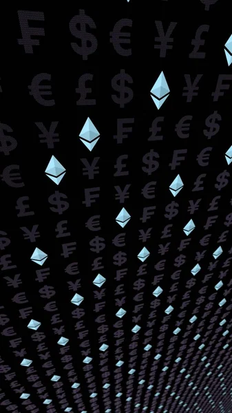 Ethereum cristal e moeda em um fundo escuro. Símbolo de moeda criptomoeda digital. Conceito de negócio. Exibição de mercado. Ilustração 3D — Fotografia de Stock