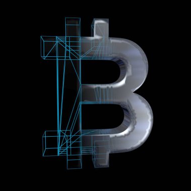 Bitcoin işareti, platin veya gümüş siyah bir arka plan üzerinde mavi bir ızgara dönüşür. 3d illüstrasyon