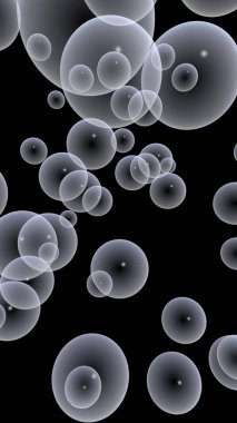 Karanlık arka plan ve aydınlık kabarcıklar. Duvar kağıdı, balonlu doku. 3B illüstrasyon