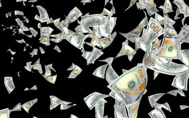 Dolar banknotlar uçan koyu arka plan üzerinde izole. Para havada uçuyor. 100 ABD banknotlar yeni örnek. 3D çizim