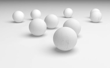 Beyaz soyut arka plan. Beyaz toplar beyaz arka planda izole edilmiş. 3B illüstrasyon