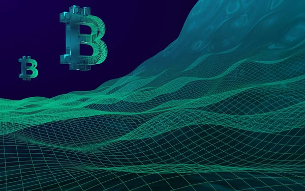 Soyut koyu arkaplan üzerine dijital para birimi sembolü Bitcoin. Kripto para piyasasının düşüşü. İş, finans ve teknoloji kavramı. 3B illüstrasyon