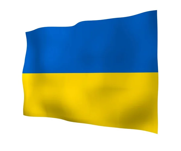 Die Flagge der Ukraine auf weißem Hintergrund. Nationalflagge und Staatsfahne. Blaue und gelbe Zweifarbigkeit. 3D-Illustration schwenkt Flagge — Stockfoto