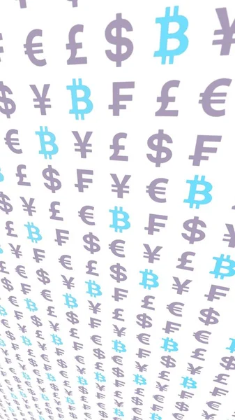 Bitcoin et la monnaie sur un fond blanc. Symbole de crypto-monnaie numérique. Concept d'entreprise. Affichage marché. Illustration 3D — Photo