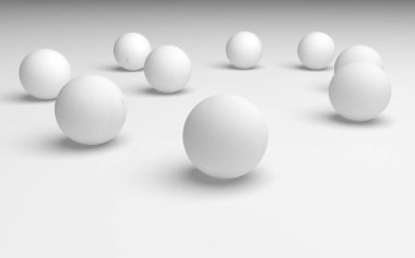 Beyaz soyut arka plan. Beyaz toplar beyaz arka planda izole edilmiş. 3B illüstrasyon