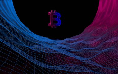 Soyut karanlık arka planda dijital para birimi sembolü Bitcoin. Kripto para piyasasının büyümesi. İş, finans ve teknoloji konsepti. 3d illüstrasyon