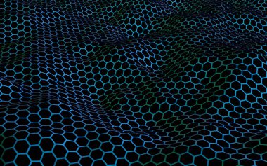 Petek mavi dalga etkisi koyu bir arka plan üzerinde. Çokgen in perspektif görünümü petek gibi görünüyor. Biyometrik geometri. 3d illüstrasyon