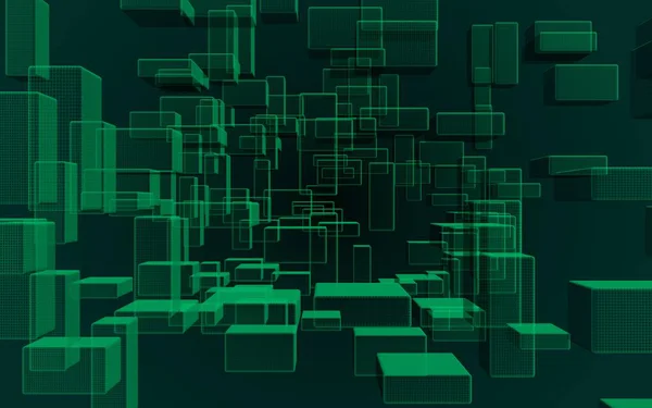 녹색 및 어두운 추상 디지털 및 기술 배경입니다. 사각형을 반복 패턴입니다. 3 차원 일러스트 레이 션 — 스톡 사진