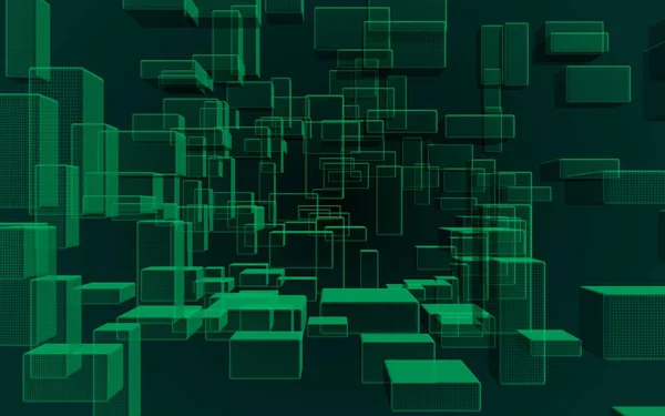 Green and dark abstract digital and technology background. The pattern with repeating rectangles. 3D illustration — Stock Photo, Image