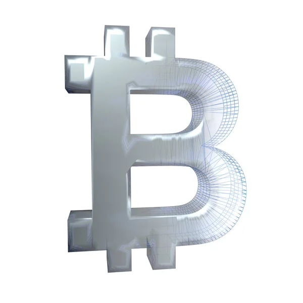 Bitcoin sign, platinum or silver turns into a blue grid on a white background. 3D illustration — Stock Photo, Image