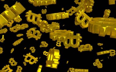 Karanlık bir arka planda dijital para birimi sembolü Bitcoin. Bitcoin düşüşü. Sanal ekranda kripto para birimi grafiği. İş, finans ve teknoloji kavramı. 3B illüstrasyon