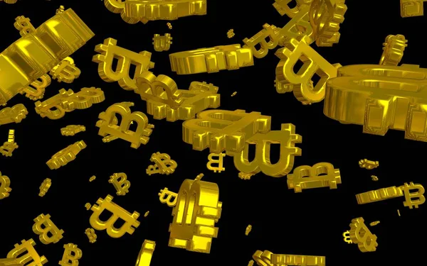 Karanlık bir arka planda dijital para birimi sembolü Bitcoin. Bitcoin düşüşü. Sanal ekranda kripto para birimi grafiği. İş, finans ve teknoloji kavramı. 3B illüstrasyon