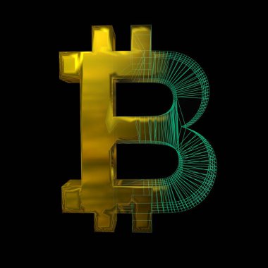 Bitcoin işareti, yeşil şebeke siyah arka planda altına dönüşür. 3B illüstrasyon