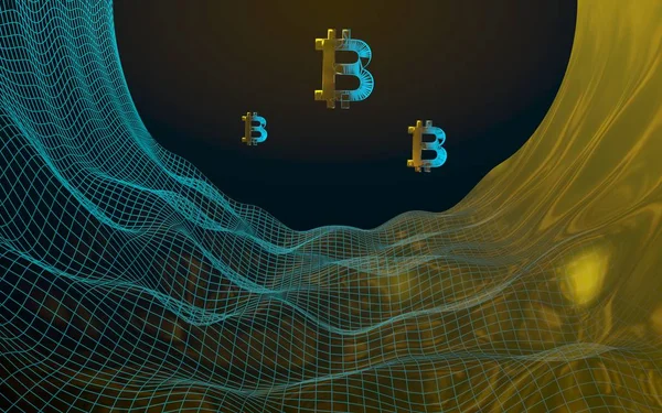 Moneda digital, símbolo dorado Bitcoin sobre fondo oscuro abstracto. Crecimiento del mercado de divisas criptográficas. Concepto de negocio, finanzas y tecnología. Ilustración 3D — Foto de Stock