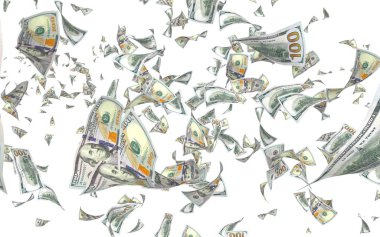 Uçan paralar beyaz arka planda izole edilmiş. Havada para uçuyor. 100 Amerikan doları yeni numune alıyor. 3B illüstrasyon
