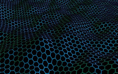 Petek mavi dalga etkisi koyu bir arka plan üzerinde. Çokgen in perspektif görünümü petek gibi görünüyor. Biyometrik geometri. 3d illüstrasyon