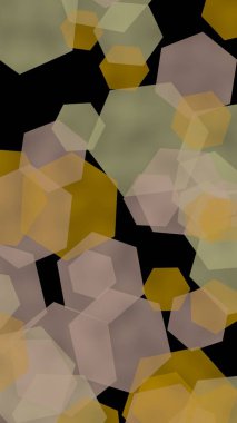 Koyu arkaplanda çok renkli yarı şeffaf altıgenler. Dikey görüntü yönlendirmesi. 3B illüstrasyon