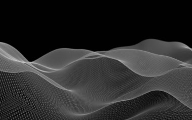 Siyah arka plan üzerinde soyut gri manzara. Siber uzay şebekesi. merhaba teknoloji ağı. 3d teknoloji illüstrasyon. Alan derinliği. 3d illüstrasyon