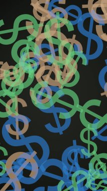 Koyu arka planda çok renkli yarı saydam dolar işaretleri. Yeşil tonları. 3d illüstrasyon