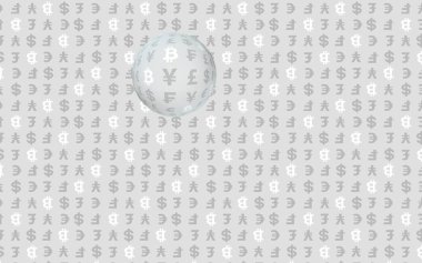 Gri arka planda Bitcoin ve para birimi. Dijital kripto para birimi sembolü. İş konsepti. Piyasa görüntüsü. 3B illüstrasyon