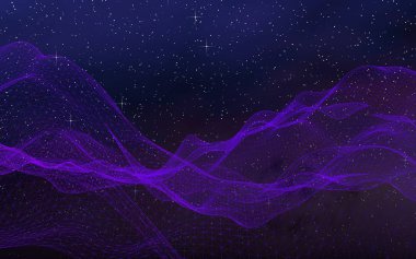 Karanlık bir arka plan üzerinde soyut ultraviyole manzara. Ultraviyole siber uzay şebekesi. merhaba teknoloji ağı. Uzay. Menekşe yıldızlı dış uzay dokusu. 3d illüstrasyon