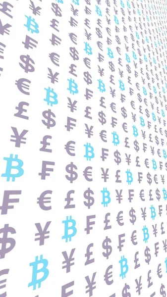 Bitcoin und Währung auf weißem Hintergrund. Symbol für die digitale Kryptowährung. Geschäftskonzept. Marktanzeige. 3D-Illustration — Stockfoto