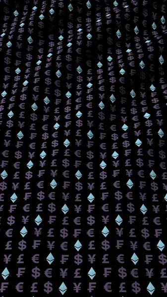 Кристалл эфириума и валюта на тёмном фоне. Цифровой символ криптовалюты. Бизнес-концепция. Дисплей рынка. 3D иллюстрация — стоковое фото