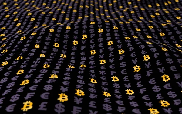 Біткоїн і валюта на темному фоні. Цифровий криптографічний символ. Хвильовий ефект, коливання ринку. Концепція бізнесу. 3D ілюстрація — стокове фото