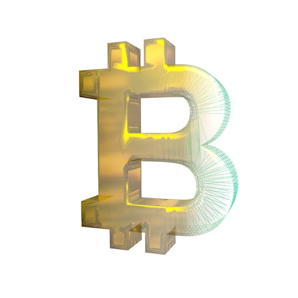Bitcoin sinal, a grade verde se transforma em ouro no fundo branco. Ilustração 3D — Fotografia de Stock