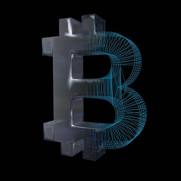 Segno Bitcoin, platino o argento si trasforma in una griglia blu su uno sfondo nero. Illustrazione 3D — Foto Stock