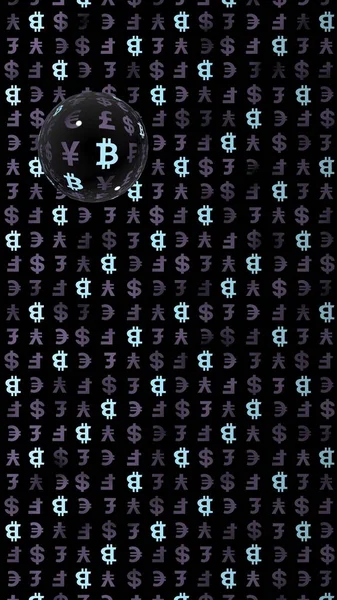 Bitcoin y moneda en un fondo oscuro. Símbolo criptográfico digital. Burbuja monetaria, efecto ola, fluctuaciones del mercado. Concepto de negocio. Ilustración 3D —  Fotos de Stock