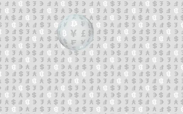 Gri arka planda Bitcoin ve para birimi. Dijital kripto para birimi sembolü. İş konsepti. Piyasa görüntüsü. 3B illüstrasyon