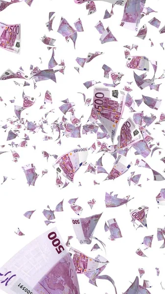 Notas de euro voadoras isoladas num fundo branco. O dinheiro está a voar no ar. 500 euros em cores. Ilustração 3D — Fotografia de Stock