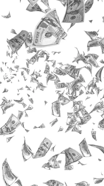 Банкноты с летающими долларами изолированы на белом фоне. Деньги летят в воздухе. 100 банкнот США новый образец. Черно-белый стиль. 3D иллюстрация — стоковое фото