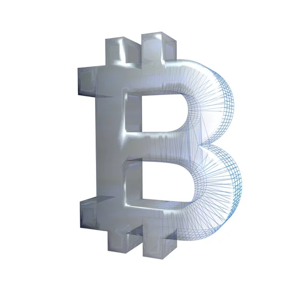 Bitcoin sign, platinum or silver turns into a blue grid on a white background. 3D illustration — Stock Photo, Image